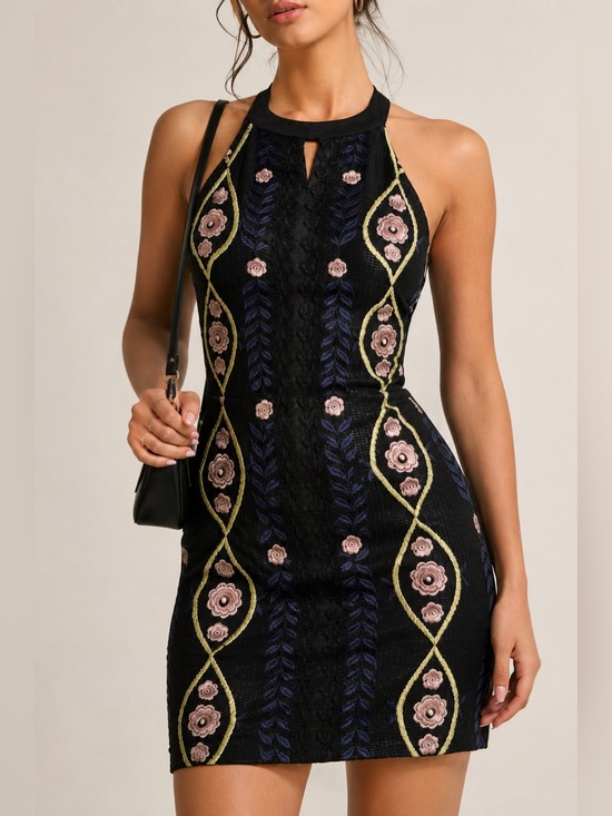 Guess Dresses & Skirts - Guess Y2K Embroidered Mesh Halter Mini Dress Black Floral Bodycon Size 4